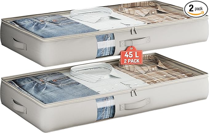 Under Bed Storage Containers with Window, Closet Organizers and Storage Bags, Foldable Underbed Storage Bags for Blankets, Clothing, Comforter, Linen Sheets, Wrapping Paper, 2 Pack, Grey-Ruum Studio Home