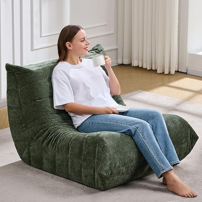 Bean Bag Chairs for Adults Giant Bean Bag Chair Memory Foam BeanBag Chair Big Bean Bag Sofa with Filler Faux Fur Fireside Beanbags Lazy Sofa for Living Room Bedroom Dorm Office (Green Chenille)-Ruum Studio Home