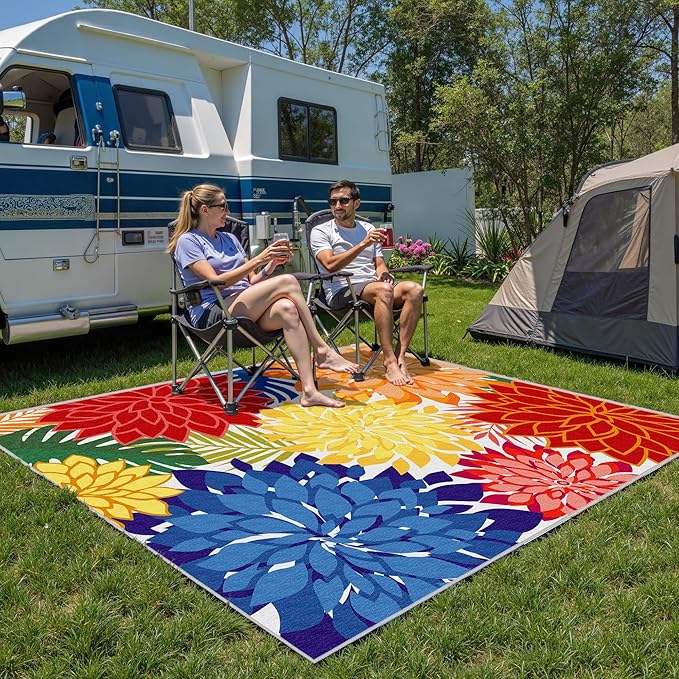 Indoor Outdoor Area Rug Washable Rugs Multicolored Patio Rug Tropical Botanical Modern Floral Indoor Outdoor Carpet Non Slip for RV, Pool Deck, Backyard, Porch (4x6)-Ruum Studio Home