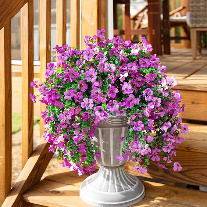 Artificial Faux Hanging Flowers Plants for Outdoor Decor, 2 PCS Outside Fake Silk Violets with Eucalyptus UV Resistant Realistic Daisy Trailing Vines for Planter Front Door Balcony Patio Yard, Purple-Ruum Studio Home