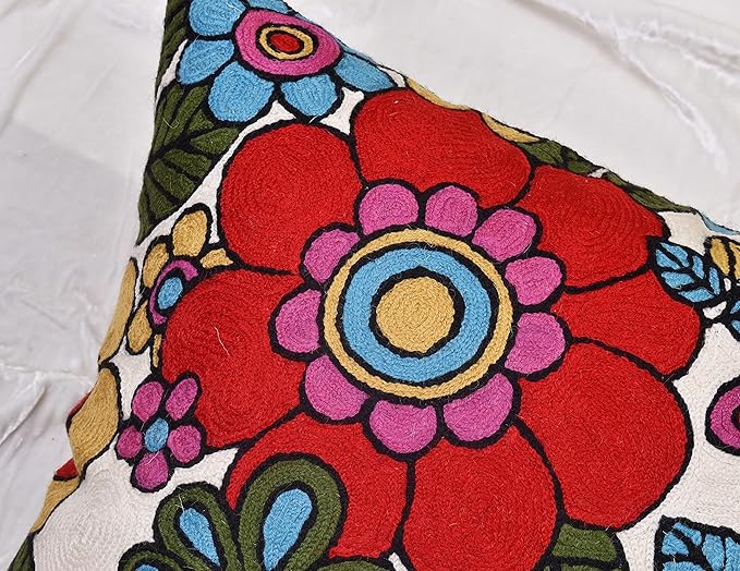 Floral Pillow Cover Handembroidered Wool 18x18 (Retro Floral Pillow Cover)-Ruum Studio Home