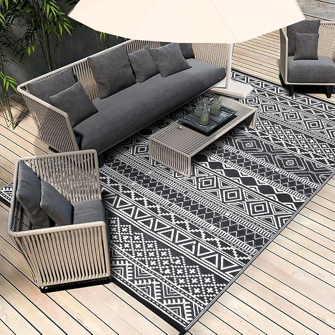 GAOMON Outdoor Rug Waterproof 8'x10', Reversible Outdoor Plastic Straw Rug, Boho Patio Rug, Indoor Outdoor Carpet, RV Mat Outside for Patio, Camp, Picnic, Balcony, Deck, Black/White(Bohemia)-Ruum Studio Home