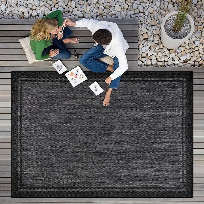 CAMILSON Indoor Outdoor Rug, 8x10 Bordered Dark Gray Black Modern Area Rugs for Indoor and Outdoor Patios, Kitchen and Hallway Mats, Washable Porch Deck Outside Carpet (Bordered Black, 8 x 10)-Ruum Studio Home