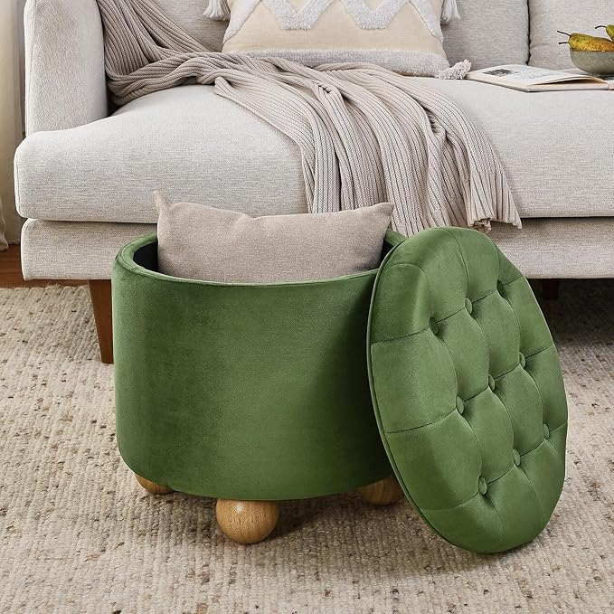 Furniliving Upholstered Button Tufted Round Ottoman, Velvet Storage Ottomans Round, Removable Lid Convenient Footstools, Bedroom Ottoman with Storage for Vanity, Living Room, Green-Ruum Studio Home
