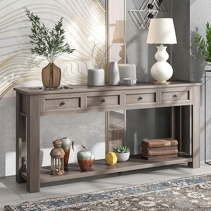 Solid Wood Console Table,Long Sofa Table Entryway Table with 4 Drawers and Bottom Shelf for Hallway Living Room Couch Table,Fully Assembled (63" Gray Wash)-Ruum Studio Home