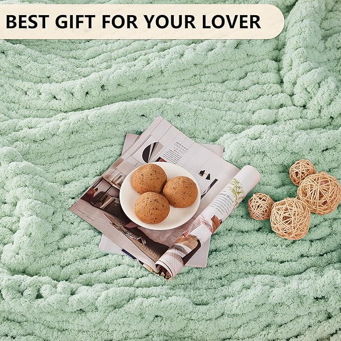 L'AGRATY Chunky Knit Blanket Throw: 60''x80'' Chenille Chunky Knitted Throw Blanket for Bed Couch - Handmade Thick Big Cable Knit Blanket - Large Crochet Rope Blanket for Home Decor(Milky Green)-Ruum Studio Home