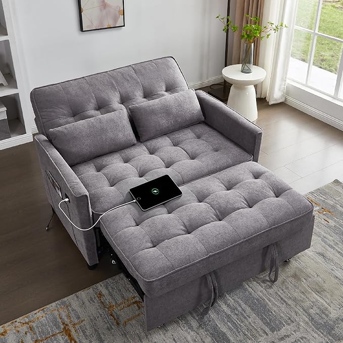 Convertible Sofa Bed, 3 in 1 Pull Out Couch, Loveseat Sleeper with Side Pocket, Living Room Sofa with Adjustable Backrest | USB Charging Port | Two Pillows | Towel Fabric | Dark Gray-Ruum Studio Home