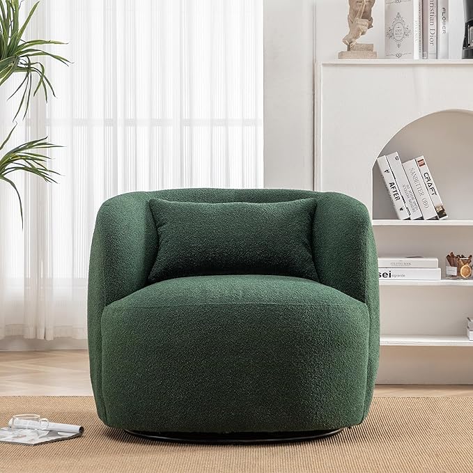 KINWELL 34" Wide Boucle Swivel Barrel Chair, No Assembly Round Upholstered Armchair Accent Chair Single Sofa Chair with Toss Pillow for Living Room and Bedroom, Green-Ruum Studio Home