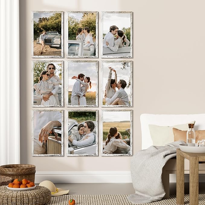 Vittanly 11x17 Picture Frames Set of 9, Shatter Resistant Plexiglass, Display 8x12 Pictures with Mat or 11x17 without Mat, Photo Frames for Wall Mount, Engineered Wood, Distressed White-Ruum Studio Home