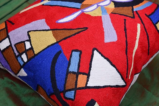 Kandinsky Contemporary Throw Pillow Cover - Bright | Red Modern Pillow Cases | Abstract Accent Pillows | Contemporary Couch Cushions | Hand Embroidered Cushion | Wool Size 18x18-Ruum Studio Home