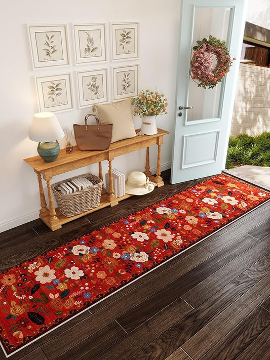 Runners for Hallways Kitchen Runner Rug Non Slip 2'x 10' Long Washable Rugs with Rubber Backing Soft Floral Carpet Runner for Hallways, Kitchen, Laundry, Bedroom, Bathroom(Red)-Ruum Studio Home
