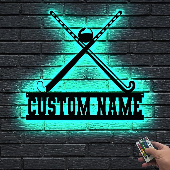 Personalized Hockey Metal Sign - LED Wall Sign with Name & Jersey Number, 16-Color LED with Remote Control, Ice Hockey Room Decor for Boys, Sports Players, Coaches, Teens-Ruum Studio Home