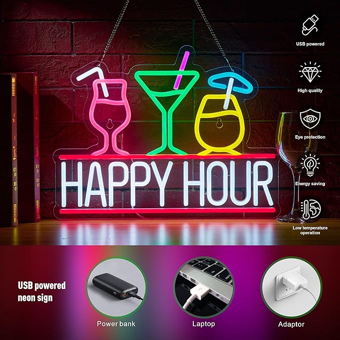 Happy Hour Neon Sign for Wall Decor Beer Bar Signs, USB Powered Dimmable LED Art Lights for Bar Pub Man Cave Party Club-Ruum Studio Home