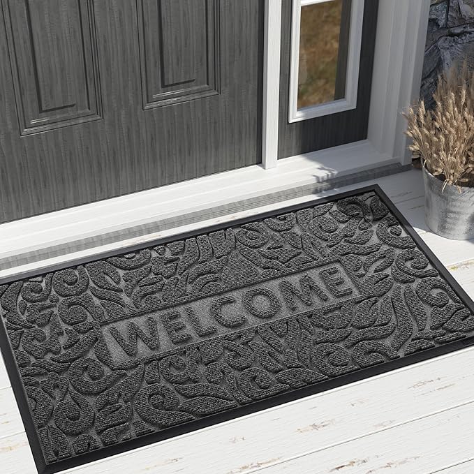 Yimobra Door Mat Indoor Outdoor Entrance, Non Slip Welcome Front Doormats, Heavy Duty Rubber Backing, Stain and Fade Resistant, Low Profile, Easy Clean Patio Garage Floor Mats, 47 x 32, Grey-Ruum Studio Home