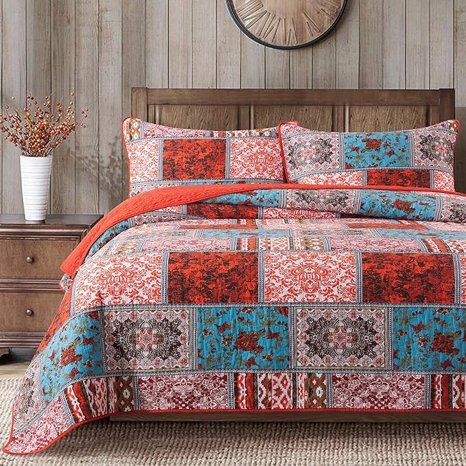 NEWLAKE Cotton Bedspread Quilt Sets-Reversible Patchwork Coverlet Set, Mediterranean Classic Bohemian Pattern,Queen Size-Ruum Studio Home