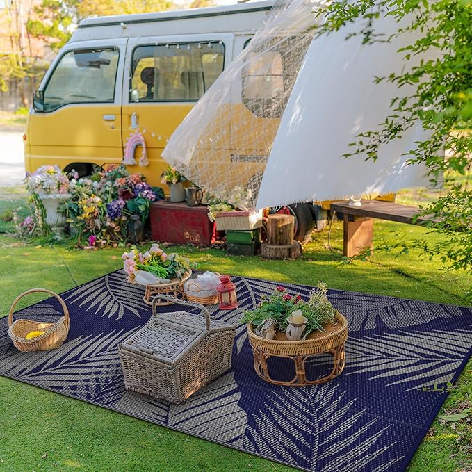 GENIMO Outdoor Rug 9' x 12' Waterproof for Patios Clearance, Reversible Outdoor Plastic Straw Camping Rug Carpet, Large Area Rugs Mats for RV, Camper, Deck, Balcony, Porch, Beach, Navy Blue&Grey-Ruum Studio Home