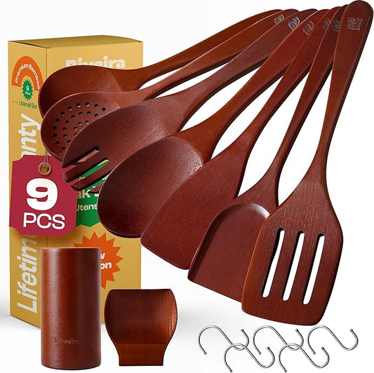 Riveira Set of 9 Premium Brown Bamboo Cooking Utensils - Bamboo Utensils for Cooking - Non-Toxic Utensils - Wooden Kitchen Set for Non-Stick Cookware-Ruum Studio Home