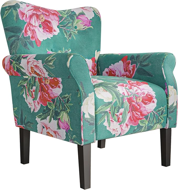 BELLEZE Modern Accent Chair, High Back Armchair, Upholstered Wingback Side Chair, Padded Single Sofa with Wooden Legs for Living Room, Bedroom - Green & Flower-Ruum Studio Home