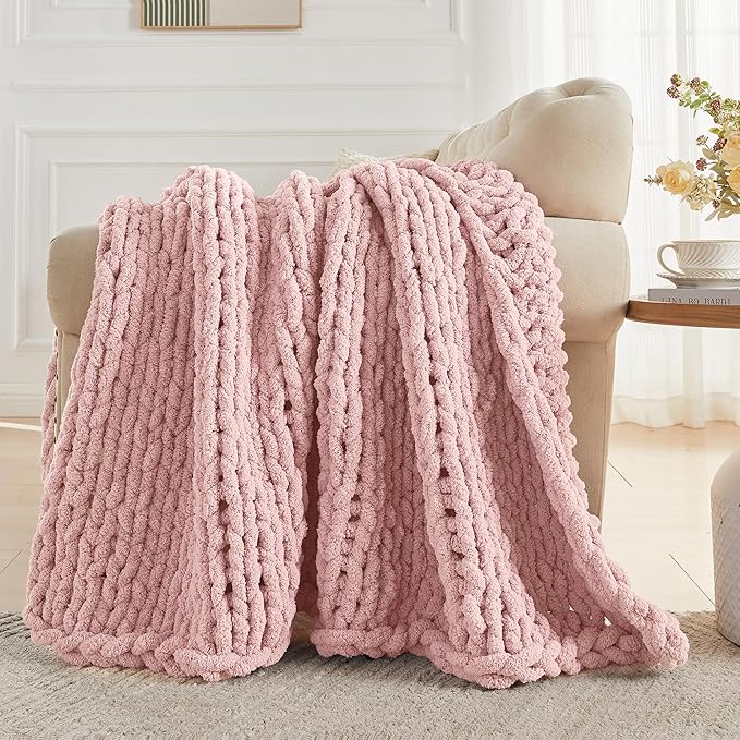 Carriediosa Chunky Knit Throw Blanket 50" X 60", 100% Hand Made Large Chenille Loop Yarn Soft Fluffy Throws for Couch Sofa Bed, Big Crochet Cozy Heavy Thick Cable Woven Blankets, Dusty Pink-Ruum Studio Home