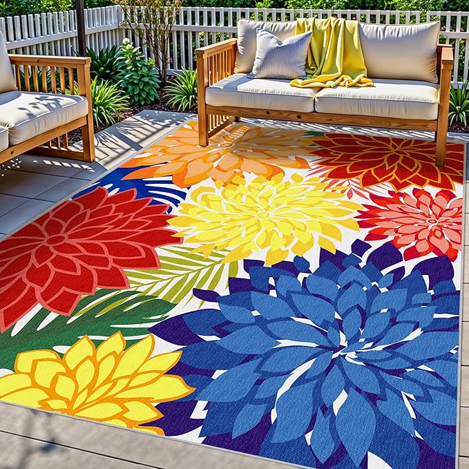 Indoor Outdoor Area Rug 8x10 Patio Washable Multicolored Patio Rug Tropical Botanical Modern Floral Indoor Outdoor Carpet Non-Slip for RV, Pool Deck, Backyard, Porch-Ruum Studio Home
