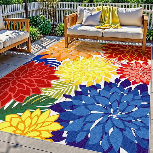 Indoor Outdoor Area Rug Washable Rugs Multicolored Patio Rug Tropical Botanical Modern Floral Indoor Outdoor Carpet Non-Slip for RV, Pool Deck, Backyard, Porch (9x12)-Ruum Studio Home