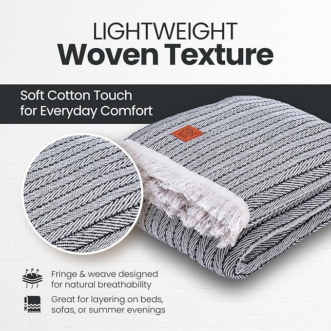 Gold Case Throw Blanket for Bed – 100% Recycled Turkish Cotton Bed Blanket – Decorative Throw Cotton Blankets for Living Room & Bedroom – Woven Twin Blankets - 71x90 - Black-Ruum Studio Home