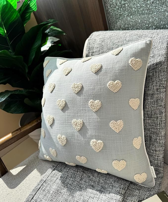 VAGMINE Hand Embroidered French Knotted Hearts Pillow Cover - 18x18 Inches Square - 100% Cotton Robins Egg Decorative Cushion Cover - Romantic Gift for Couples - Valentine’s Bedroom Decor-Ruum Studio Home