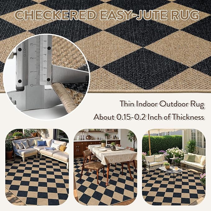 Lahome Checkered Easy Jute Outdoor Rug, Large 6x9 Rug for Living Room Checkerboard Indoor Outdoor Carpet, Farmhouse Patio Office Mat Geometric Non Slip Black Carpet for Backyard Dining Room-Ruum Studio Home