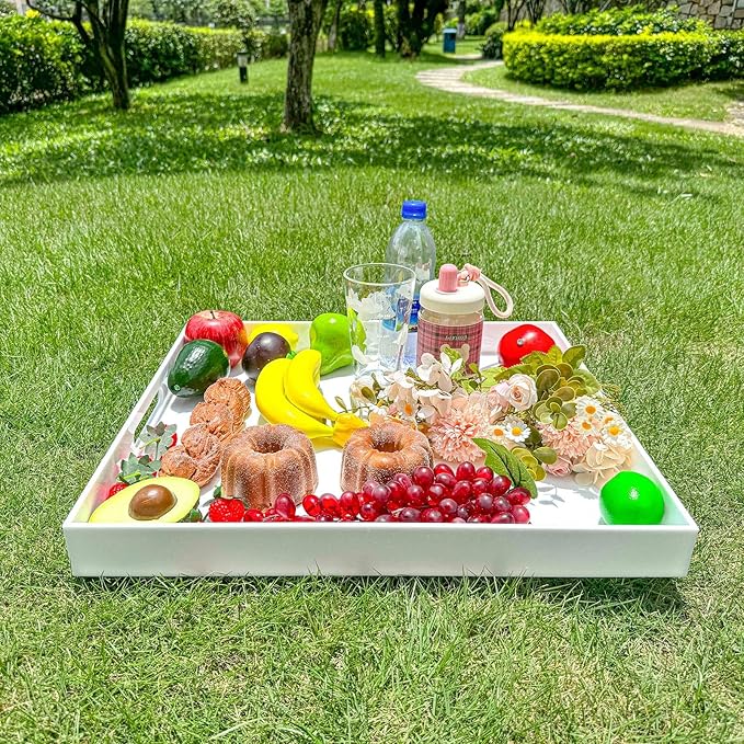 White Rectangular 18x20 Inches Acrylic Ottoman Tray Decorative Serving Tray with Cutout Handles Organizer Tray on Coffee Table Countertop Big Breakfast Bed Tray Living Room Appetizer Serving Food-Ruum Studio Home