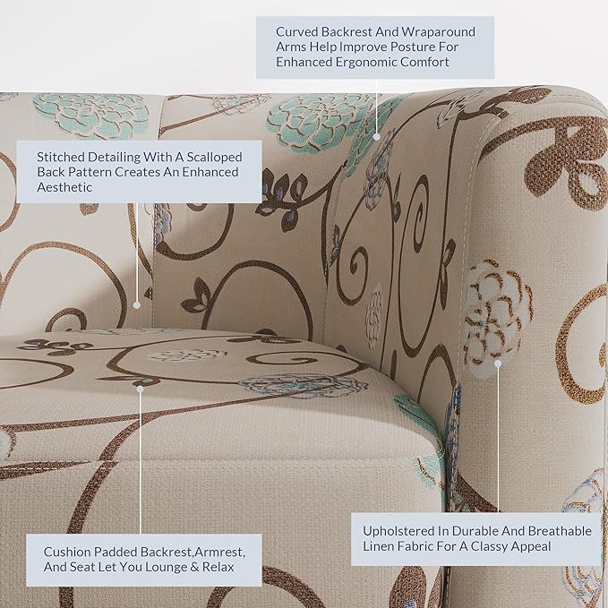 BELLEZE Living Room Chairs Set of 2, Linen Round Accent Barrel Chairs, Club Tub Sofa Chairs for Bedroom, Corner Chairs with Flared Legs and Cozy Soft Padding - Highland (Floral Print)-Ruum Studio Home