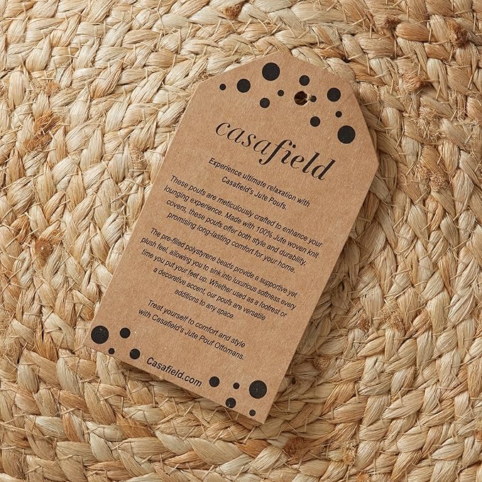 Casafield Hand-Braided Jute Pouf Ottoman Footrest, 19" Round x 10-1/2" High, Natural Woven Boho Floor Cushion, Home Decor for Living Room, Bedroom, Apartment-Ruum Studio Home