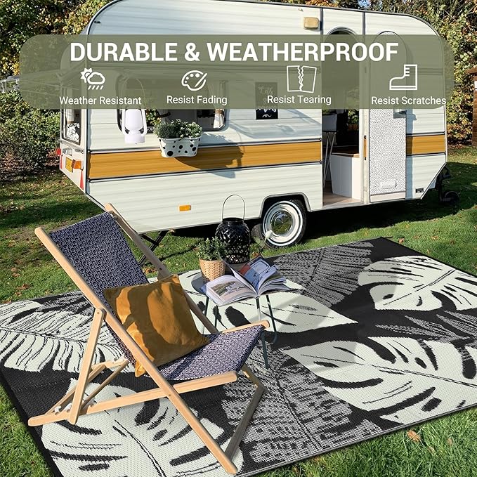 GAOMON Waterproof Plastic Straw Rug 9x12 Outdoor Rug for Patio, Reversible Modern Camping Mat with Bag & Stakes, UV Resistant & Easy to Clean Outdoor Carpet for RV, Deck, Balcony, Beige-Ruum Studio Home