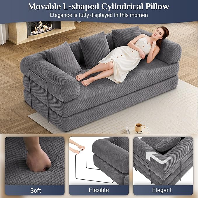 Convertible Sleeper Sofa Bed with Pillow, 4-in-1 Corduroy Folding Mattress Couch with Fixed-Shape Frame, Futon Fold Out Floor Sofa Cama Lounge Couch for Living Room Bedroom Studio, Grey-Ruum Studio Home