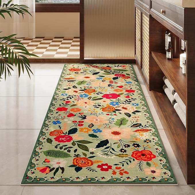 Runner Rug for Hallways Kitchen Rug Non Slip 2'x 6' Washable Rugs with Rubber Backing Soft Floral Carpet Runner for Hallways, Kitchen, Laundry, Bedroom, Bathroom(Green)-Ruum Studio Home