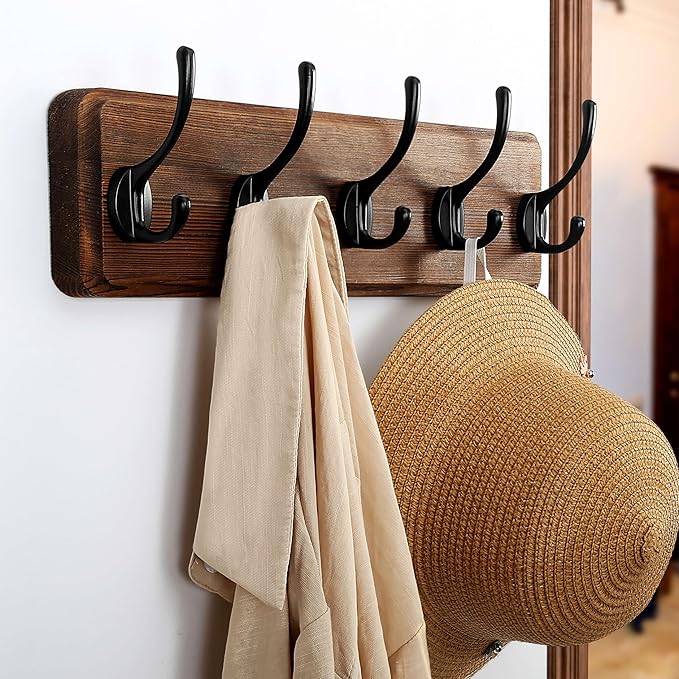 Dseap Wall Mounted Coat Rack: Patented, Heavy-Duty, 17.4" Long 5-Double-Hooks Wooden Hanger Rail for Winter Coats, Hat, Jacket, Clothing - Natural & Black-Ruum Studio Home