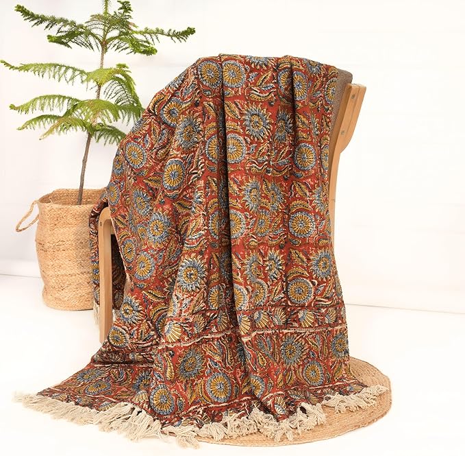 Handmade Cotton Throw Blanket | Floral Block Print in Orange & Navy | 48x70 Inches Fringed Bed Runner | Lightweight Boho Sofa Throw for Couch, Living Room & Bedroom Decor-Ruum Studio Home
