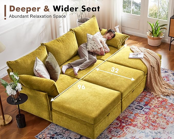 102.6" Modular Sectional Sofa, Oversized 3-Seater Couch with Removable Yellow Chenille Fabric Cover, Deep Seat & High Backrest for Living Room, Office & Apartment-Ruum Studio Home