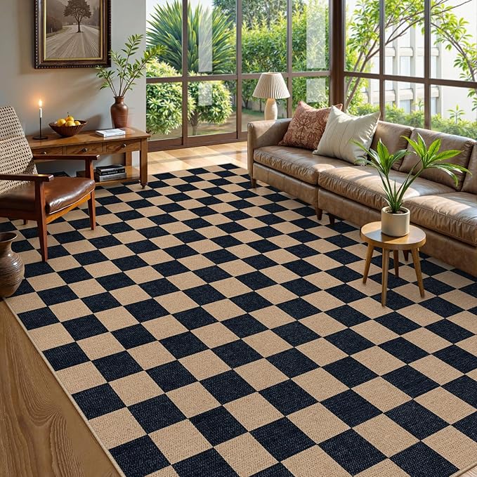 Lahome Checkered Easy Jute Rug, 9x12 Area Rug for Living Room Indoor Outdoor Carpet, Farmhouse Neutral Non Slip Non Shedding Stain Resistance Floor Carpet for Patio Dining Room Backyard-Ruum Studio Home