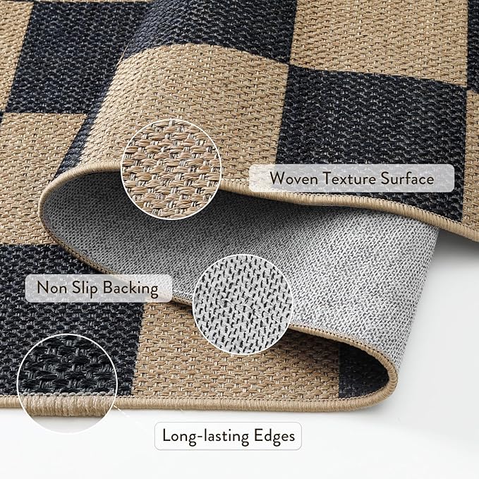 Lahome Checkered Easy Jute Area Rug, 5x7 Outdoor Patio Rug Washable Carpet for Living Room Checkerboard Indoor Outdoor Carpet, Farmhouse Geometric Non Slip Black Mat for Backyard Dining Room-Ruum Studio Home