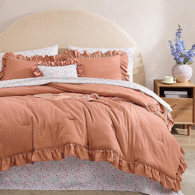 King Comforter Set - 7 Pieces Ruffle Autumn Leaf Bedding Sets, Shabby Chic Farmhouse Bed in a Bag King with Ruffle Comforter, Floral Sheets, Pillowcases & Shams-Ruum Studio Home