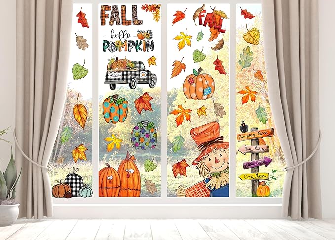 Fall Window Clings Decorations for Glass Fall Watercolor Pumpkin Maple Leaves Scarecrow Truck Window Stickers for Autumn Thanksgiving Harvest Party Home Window Decals Decor-Ruum Studio Home