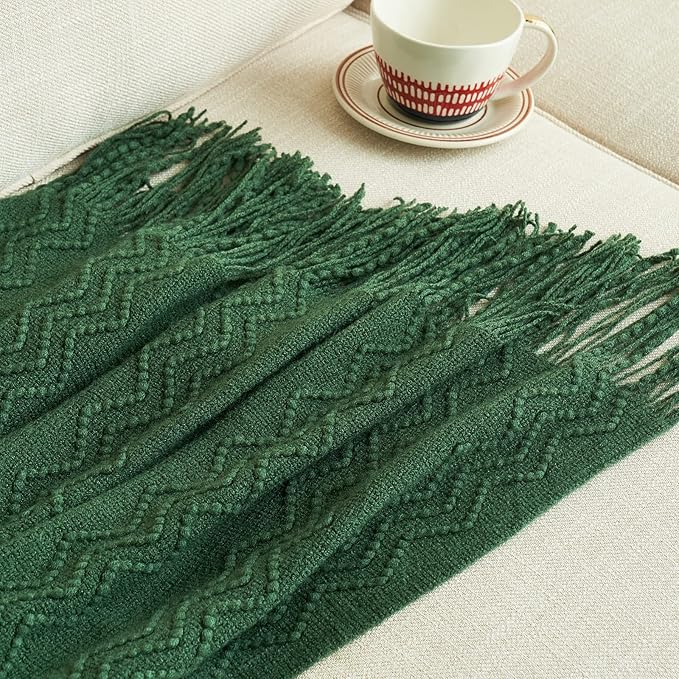 MIULEE Dark Green Knitted Throw Blanket for Couch Boho Textured Cozy Woven Blanket with Tassels for Sofa Chair Bed Living Room Acrylic Wave Pattern 50"x60"-Ruum Studio Home