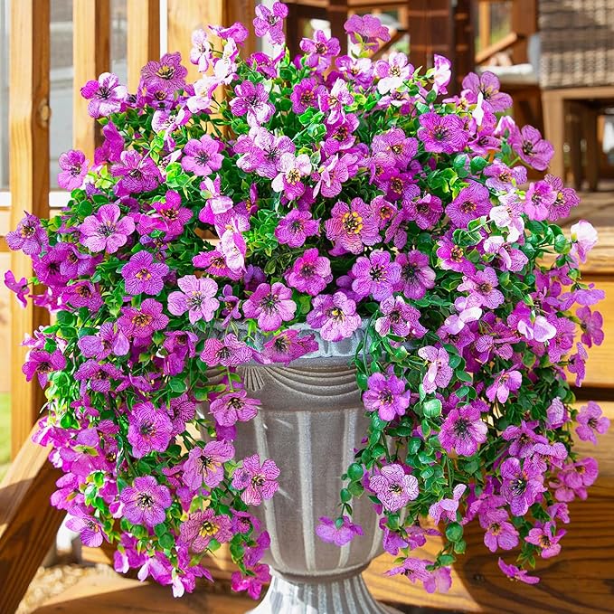Artificial Faux Hanging Flowers Plants for Outdoor Decor, 2 PCS Outside Fake Silk Violets with Eucalyptus UV Resistant Realistic Daisy Trailing Vines for Planter Front Door Balcony Patio Yard, Purple-Ruum Studio Home