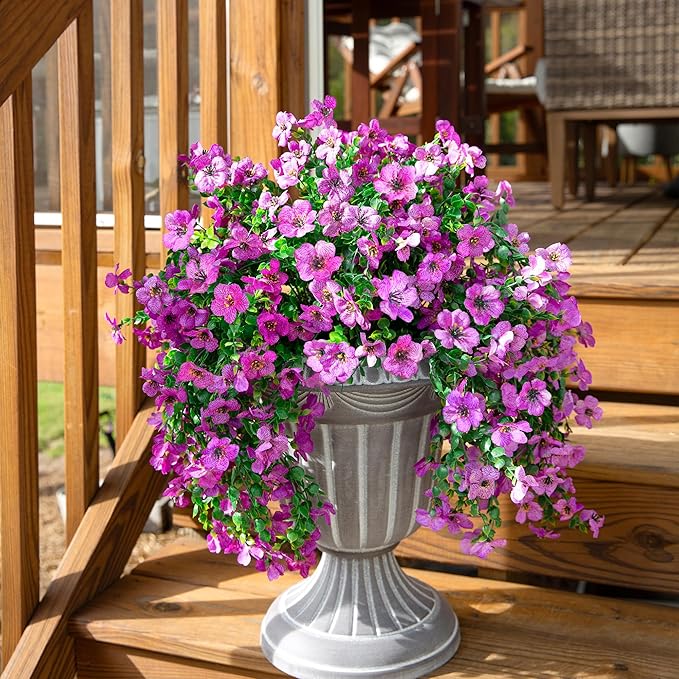 Artificial Faux Hanging Flowers Plants for Outdoor Decor, 2 PCS Outside Fake Silk Violets with Eucalyptus UV Resistant Realistic Daisy Trailing Vines for Planter Front Door Balcony Patio Yard, Purple-Ruum Studio Home