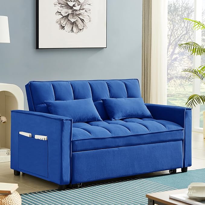 3 in 1 Convertible Sleeper Sofa Bed,Futon Loveseat Couch with Pull-Out Bed & Adjustable Backrest,Velvet Fabric Sofa with Side Pocket for Small Apartment, Living Room, Office (Blue)-Ruum Studio Home