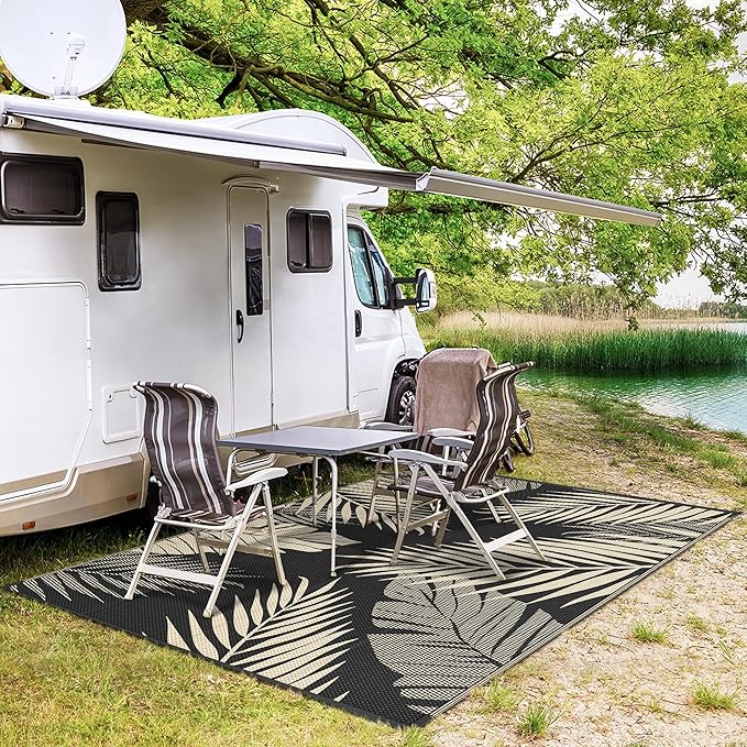GENIMO Outdoor Rug 8' x 10' Waterproof for Patios Clearance, Reversible Outdoor Plastic Straw Camping Rug Carpet, Large Area Rugs Mats for RV, Camper, Deck, Balcony, Porch, Beach, Picnic, Black&Beige-Ruum Studio Home