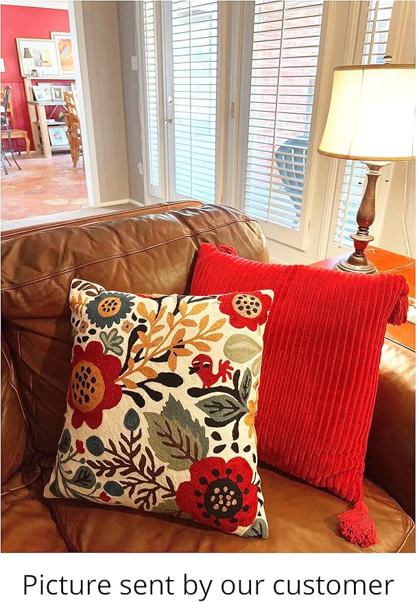 Red Polish Floral Pillow Cover Bird Flower Pillowcase Floral Outdoor Suzani Cushions Flowery Throw Chair Cushion Farmhouse Pillowsham Hand Embroidered Wool 18x18 Inch-Ruum Studio Home
