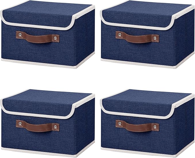 ANMINY 4PCS Storage Bins with Lid PU Leather Handles Storage Boxes PP Plastic Board Decorative Foldable Lidded Cotton Linen Fabric Home Cubes Baskets Closet Organizer Containers - Blue, Small Size-Ruum Studio Home