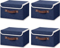 ANMINY 4PCS Storage Bins with Lid PU Leather Handles Storage Boxes PP Plastic Board Decorative Foldable Lidded Cotton Linen Fabric Home Cubes Baskets Closet Organizer Containers - Blue, Small Size-Ruum Studio Home