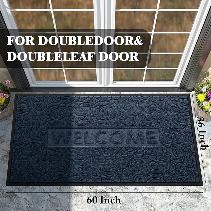Yimobra Welcome Front Door Mat Outdoor, Heavy Duty Sturdy Non Slip Doormats, Rubber Backing, Low-Profile Entrance Rugs, Absorbent Resist Dirt, Easy Clean Patio Garage Floor Mats, 60X36 Inch, Blue-Ruum Studio Home